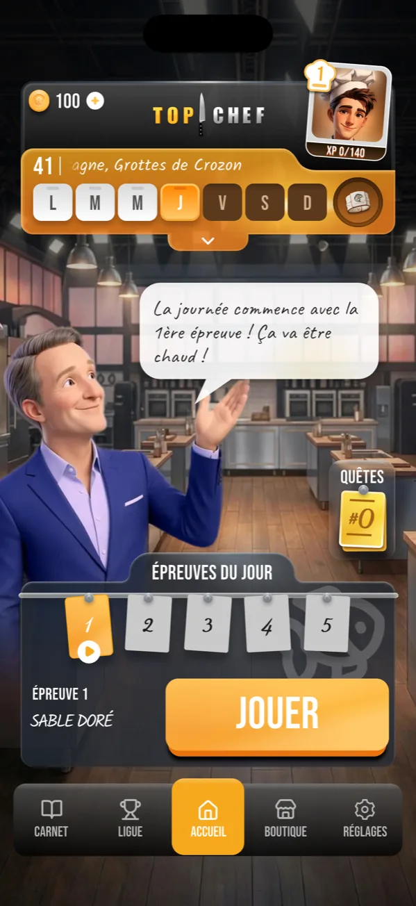 Accueil de l'app : les cinq épreuves du jour sur l'univers de la semaine