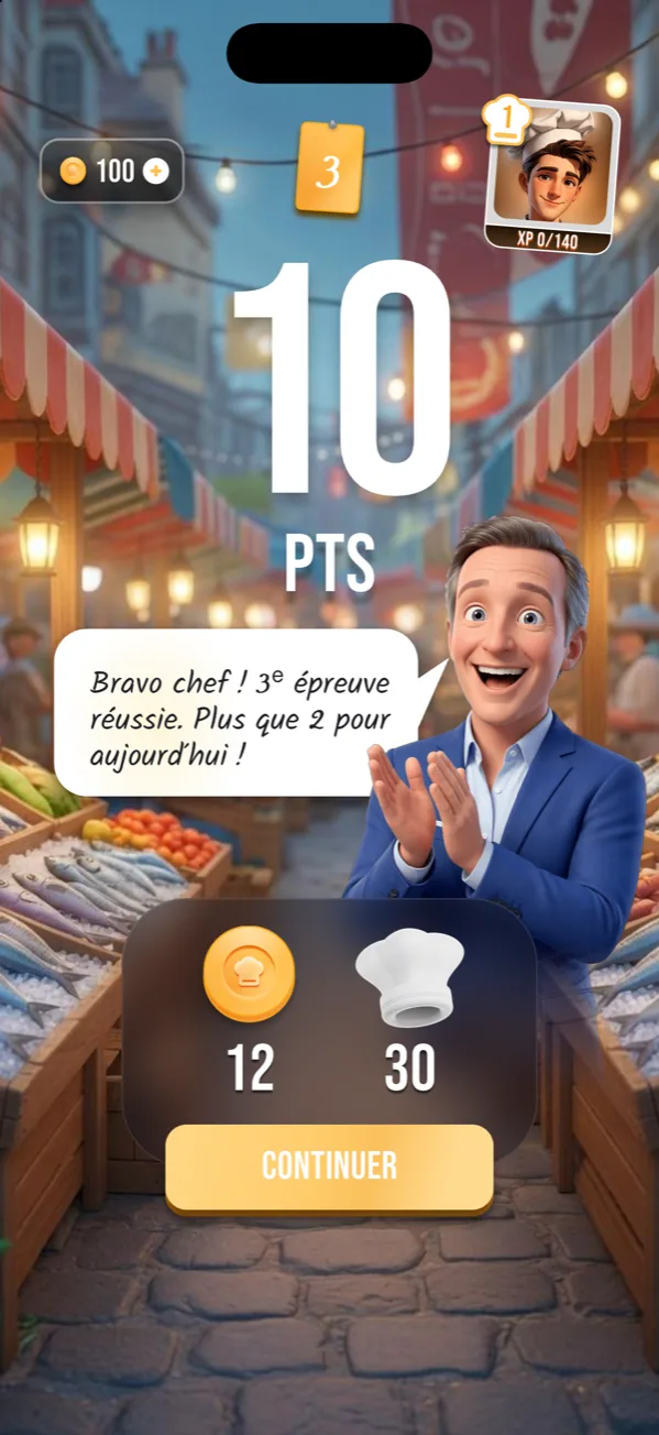 Fin d'épreuve : score, pièces et XP gagnés